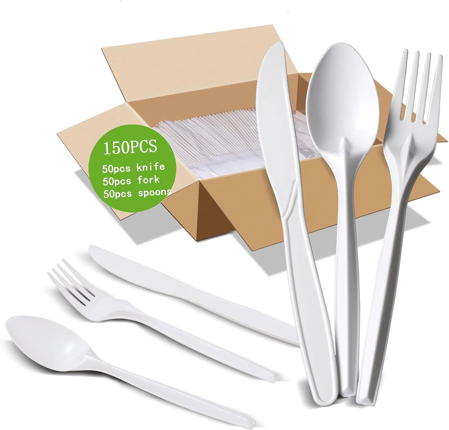 7inch 150 Pcs White Compostable Utensils Set Eco-friendly Heavy Duty Disposable Knife Fork Spoon Party BBQ Picnic Camping