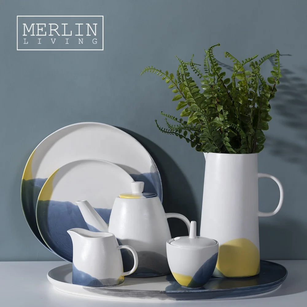 Merlin Living Nordic Home Decor Ceramic Cup Plate Tie-dyed Art Home Decoration Tableware Sets Chaozhou Ceramic Factory Wholesale