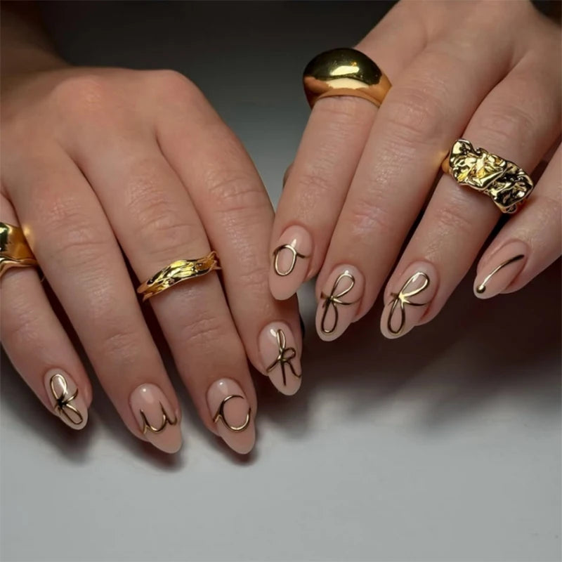 Dropshipping customize wholesale 24 Pcs 3791 3D Gold Glitter Bow Short Almond Nails Press on Nails Artificial Fingernails