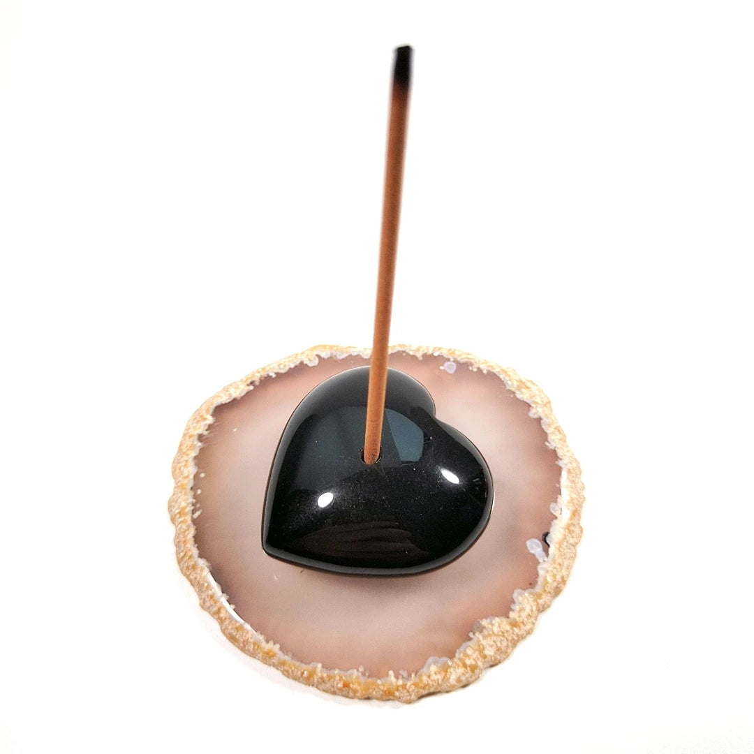 Hongzhuo Wholesale Black Obsidian Gem Incense Stick Holder Crystal Heart Shape Gem Incense Holder