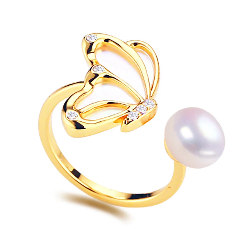 Hot Sale 18k Gold Plated Sea Shell Butterfly Natural Freshwater Pearl Ring Jewelry Women