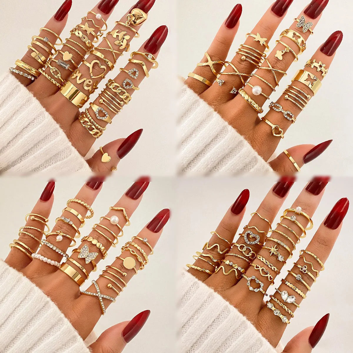 30pcs/set Trendy Crystal Butterfly Heart Geometric Finger Rings Set for Women Jewelry Set Gold Plated Pearl Midi Knuckle Rings