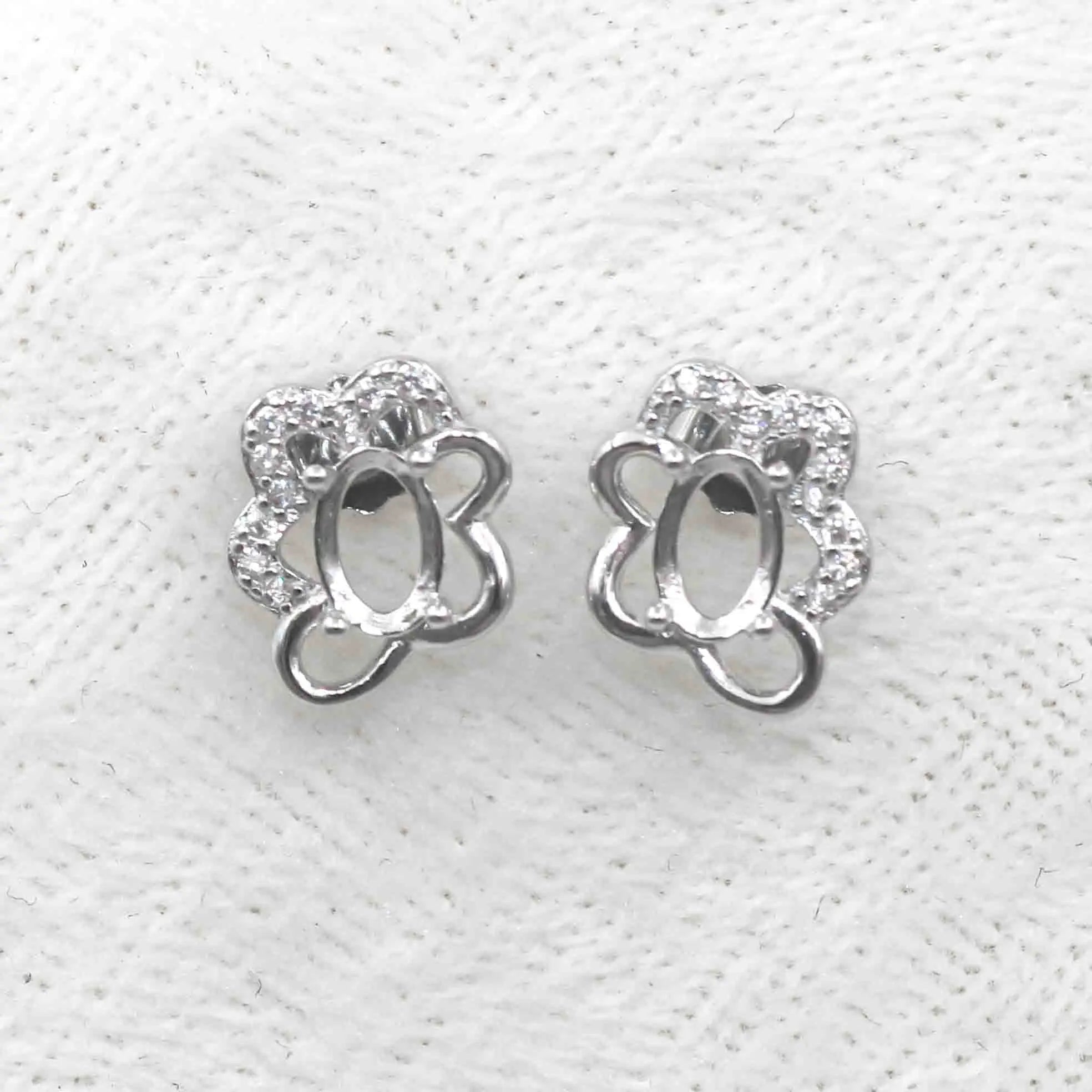 Sterling Silver 4*6mm Semi Mount Stud Earrings Empty Frame Support Blank Setting S925 Base Without Center Stone for DIY Inlay