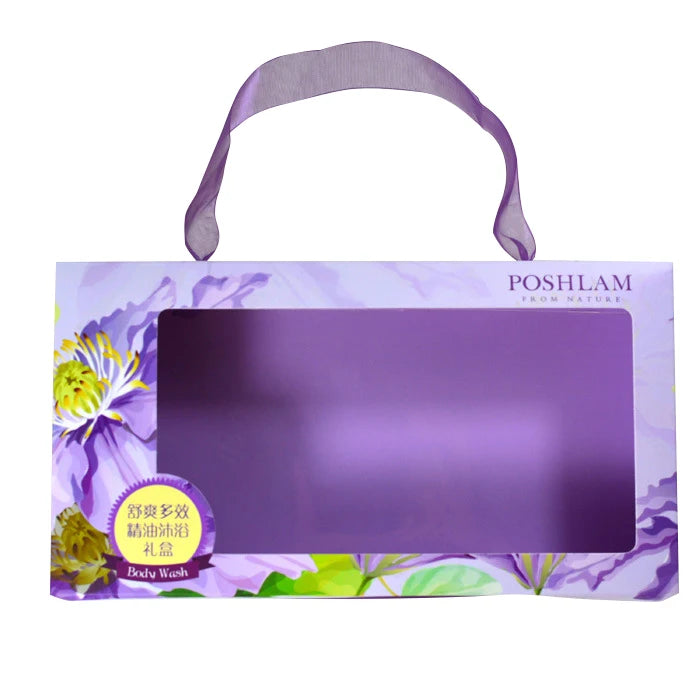 Custom logo Printing Big Window Paper Box for Bath Oil Bottle Set Body Lotion Shampoo Packaging with Ribbon Handles