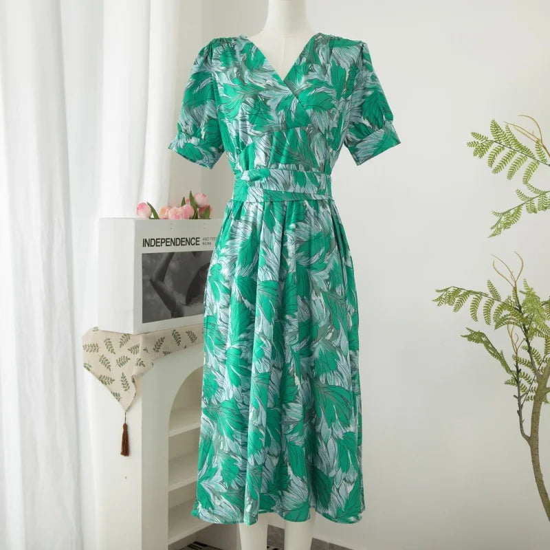 Chic Printing Big Hem Casual Dresses Gentle Wind V Neck Short Sleeves Ladies Dress High Waist Lace up Clothes for Women