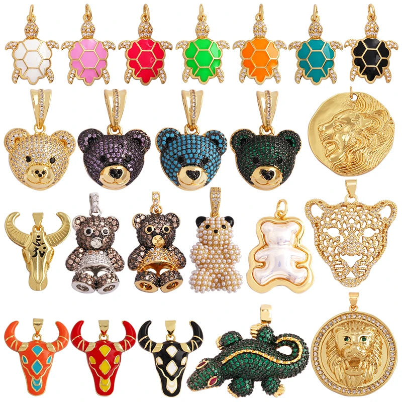 Leopard Lion Bear Crocodile Cow Head Charm Pendant18K Gold Animal Necklace Bracelet for Handmade Jewelry Accessories Supply M62