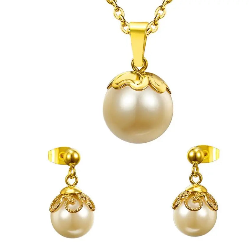 Fashionable Stainless Steel Pearl Jewelry Set for Women Wedding Gifts-Elegant Earrings and Necklaces