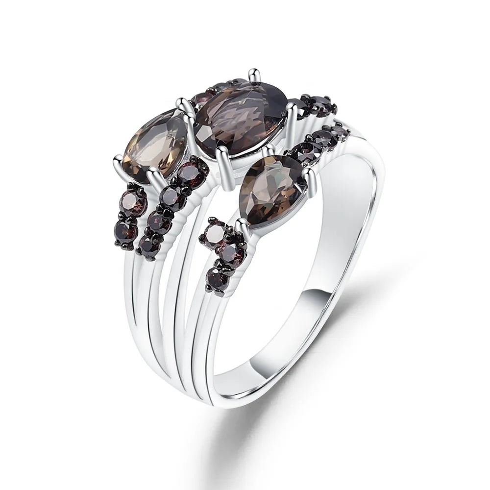 Abiding Natural Smoky Quartz Three Stone Birthstone Rings 925 Sterling Silver Wedding Band Ring Women Finger Ring Jewelry MegaBDM