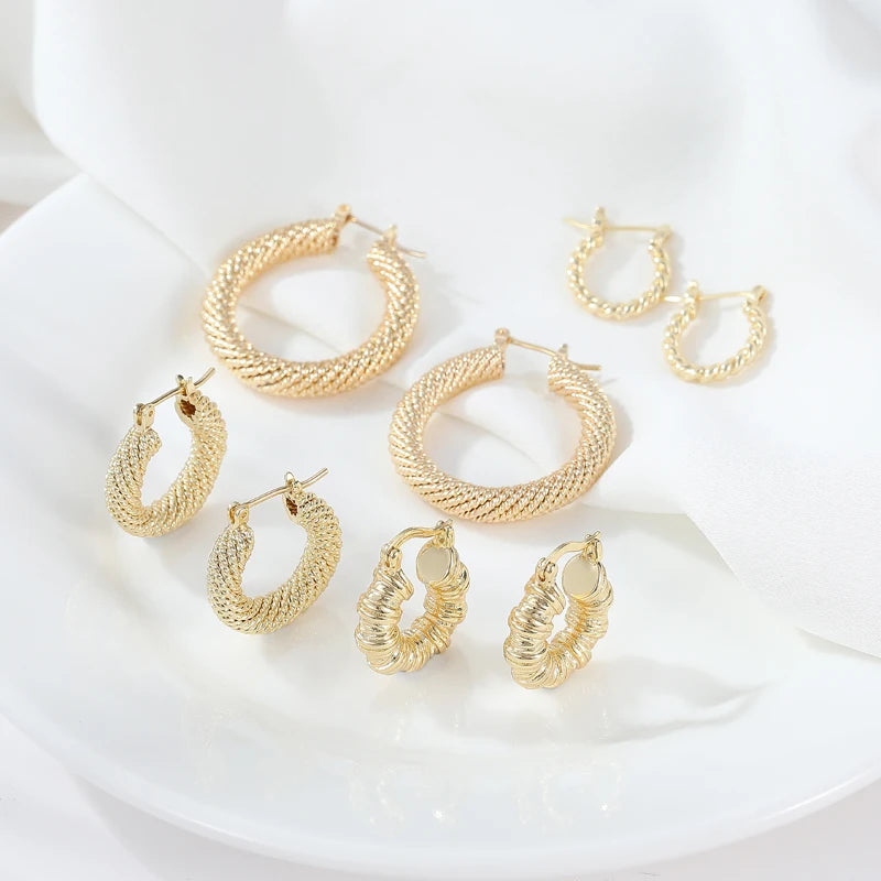 High Fashion Womens Jewellery Chunky 14K Gold Textured Hoop Earrings for Women Girls