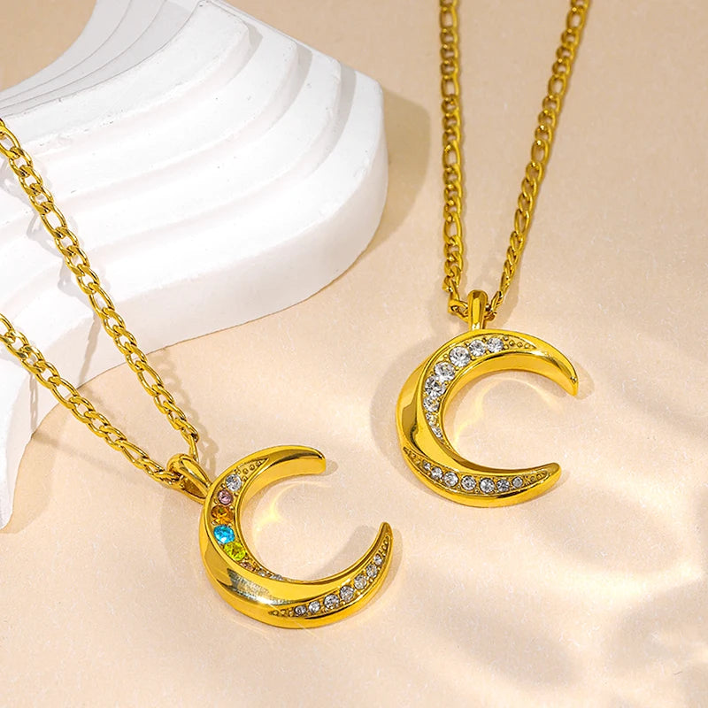 JUSNOVA 18K Gold Plated Moon Necklace Stainless Steel Micro Paved Crystal Zircon Pendant Celestial Dainty Jewelry for Women