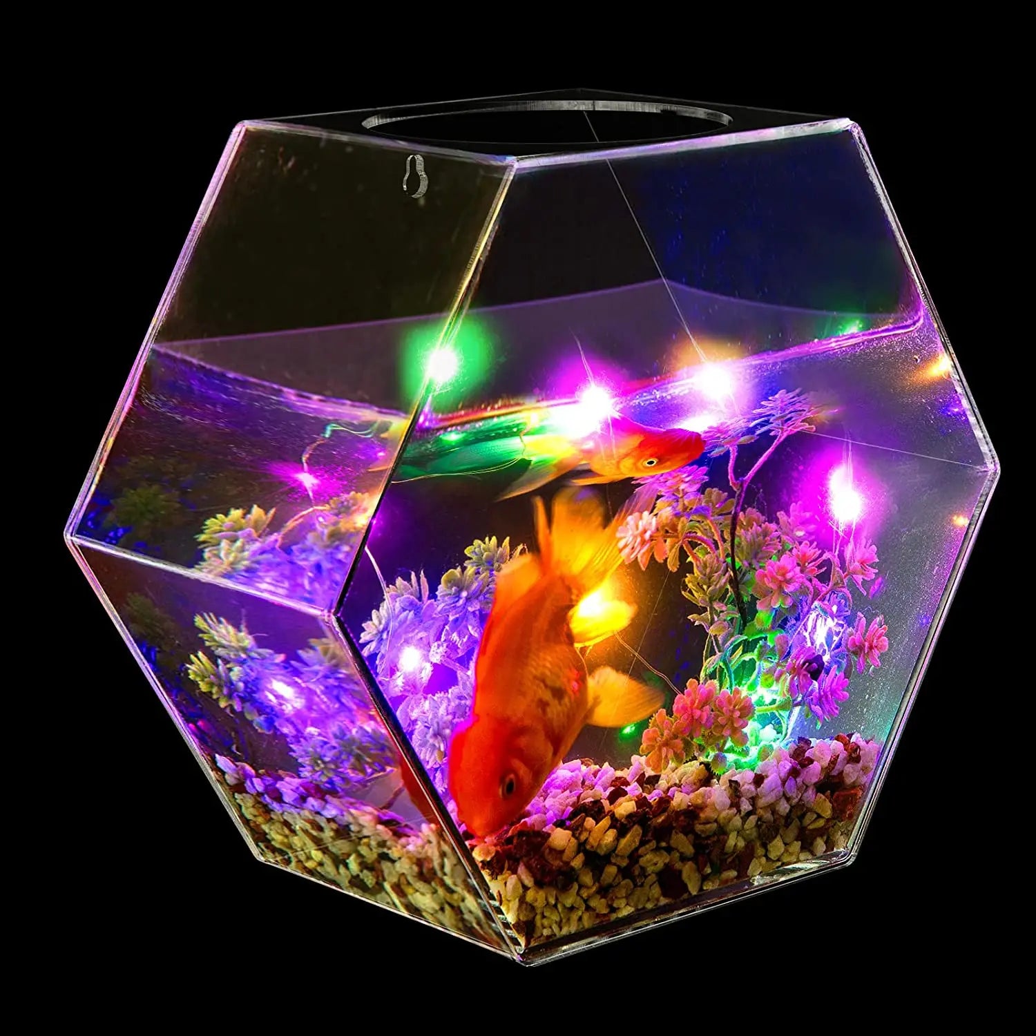 1 Gallon Wall-Hanging Fish Bowl Hexagon Hanging Wall Mounted Fish Tank Bowl with Waterproof Light String Clear Acrylic Aquarium