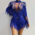 Rhinestone Bodysuit See Through Tassel Sleeves Women Mesh One Piece Jumpsuits DS Dance Leotard Show Performance Costume
