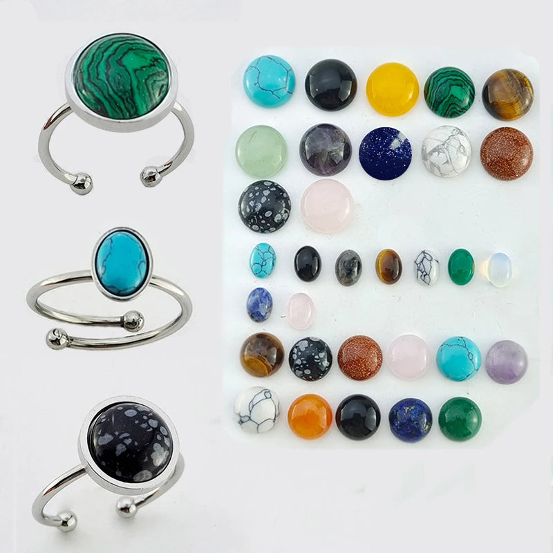 Natural Semi-precious Tiger's Eye Stainless Steel Ring Opening Adjustable Ring for Women Men