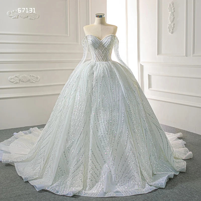 Jancember RSM67131 Off Shoulder Full Sleeve Sequin Beading Luxury Wedding Dress Ball Gown