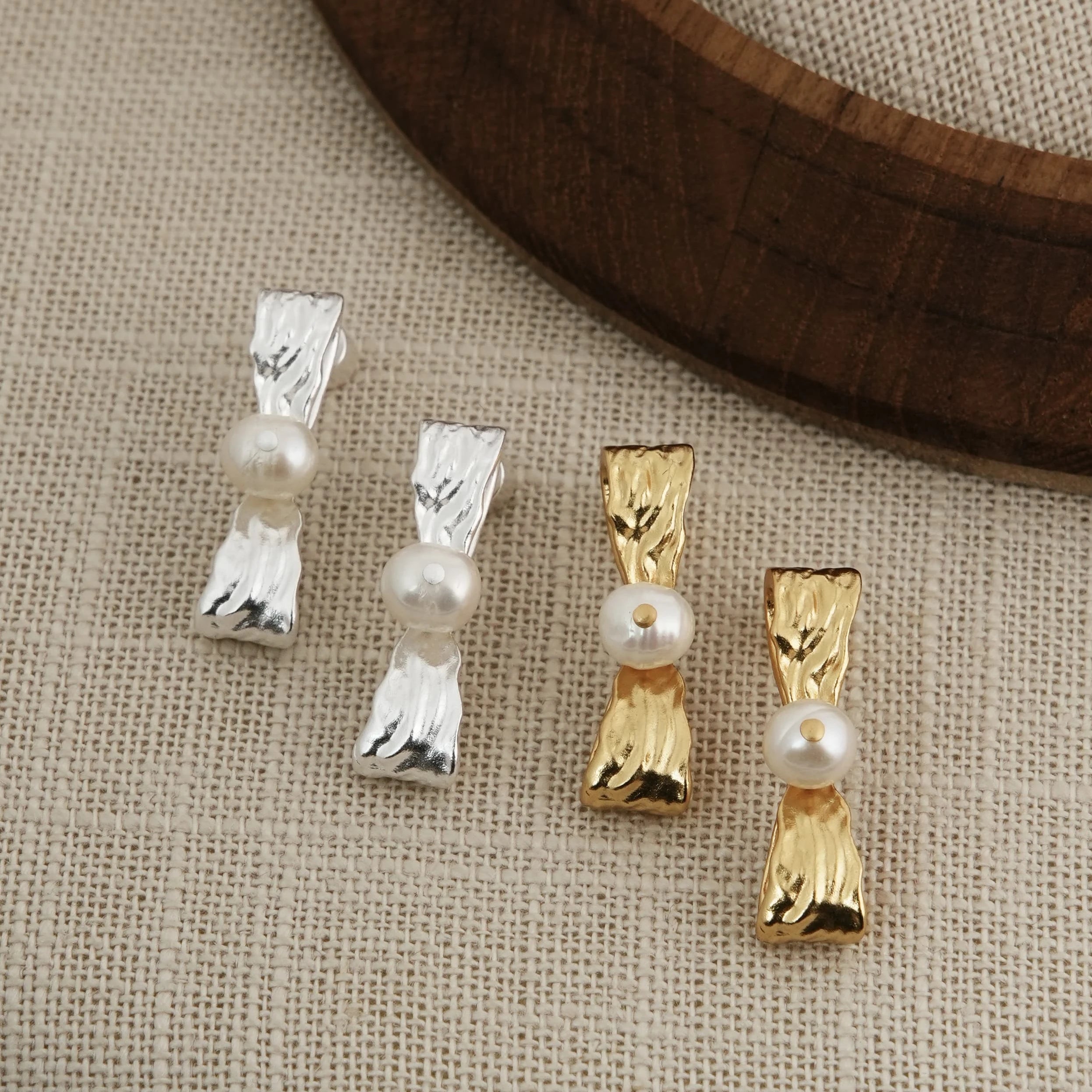 New Fashion Real Real Gold Plated Brass Bow Natural Pearl Earrings for Women