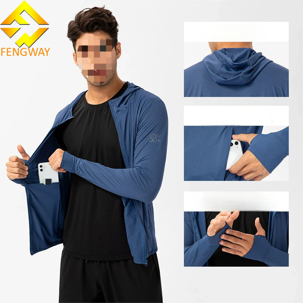 Men's UPF 50+ Sun Protection Hooded Bomber Jacket Eco-Friendly Windproof Breathable Outdoor Sports Long Sleeve Spring