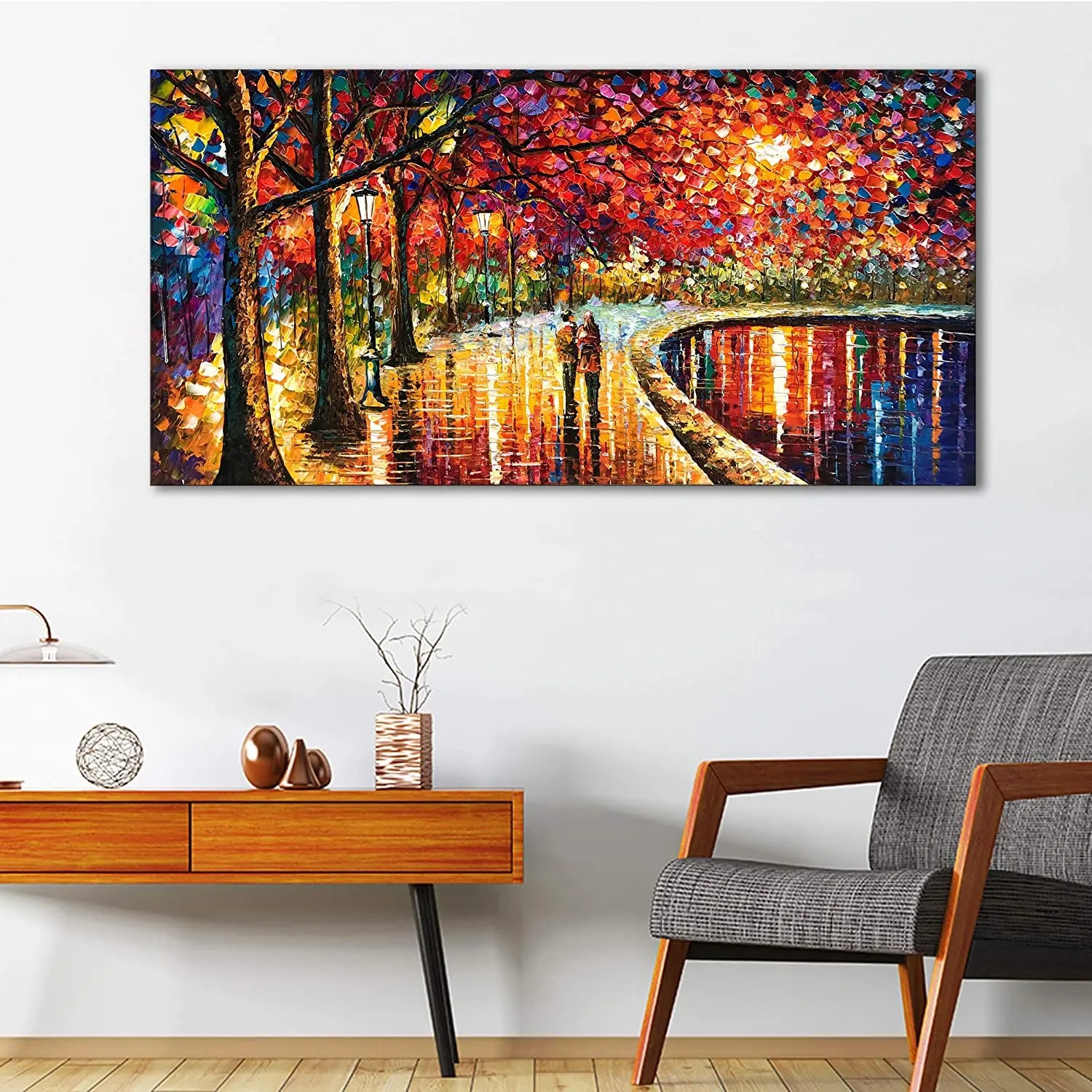 Diathou Hand-Painted Oil on Canvas Modern Abstract Art Romantic Couple Strolling in the Park Living Room Wall Decoration
