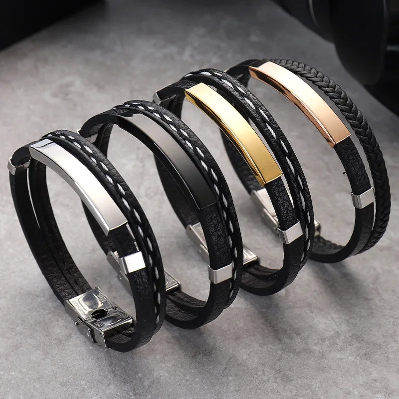 Handmade Men's Stainless Steel & Leather Wrap Bracelet Geometric Trendy Design for Party/Engagement/Wedding