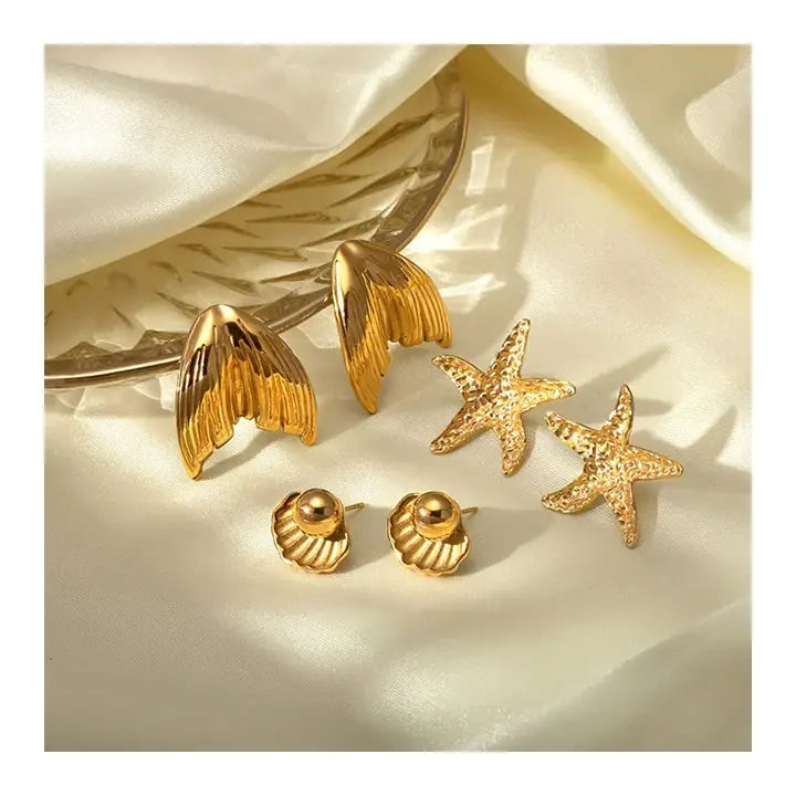 HOVANCI Summer Fashion No Tarnish Shell Starfish Design Stud Earrings Wholesale Bulk 18k Gold Plated Stainless Steel Earring