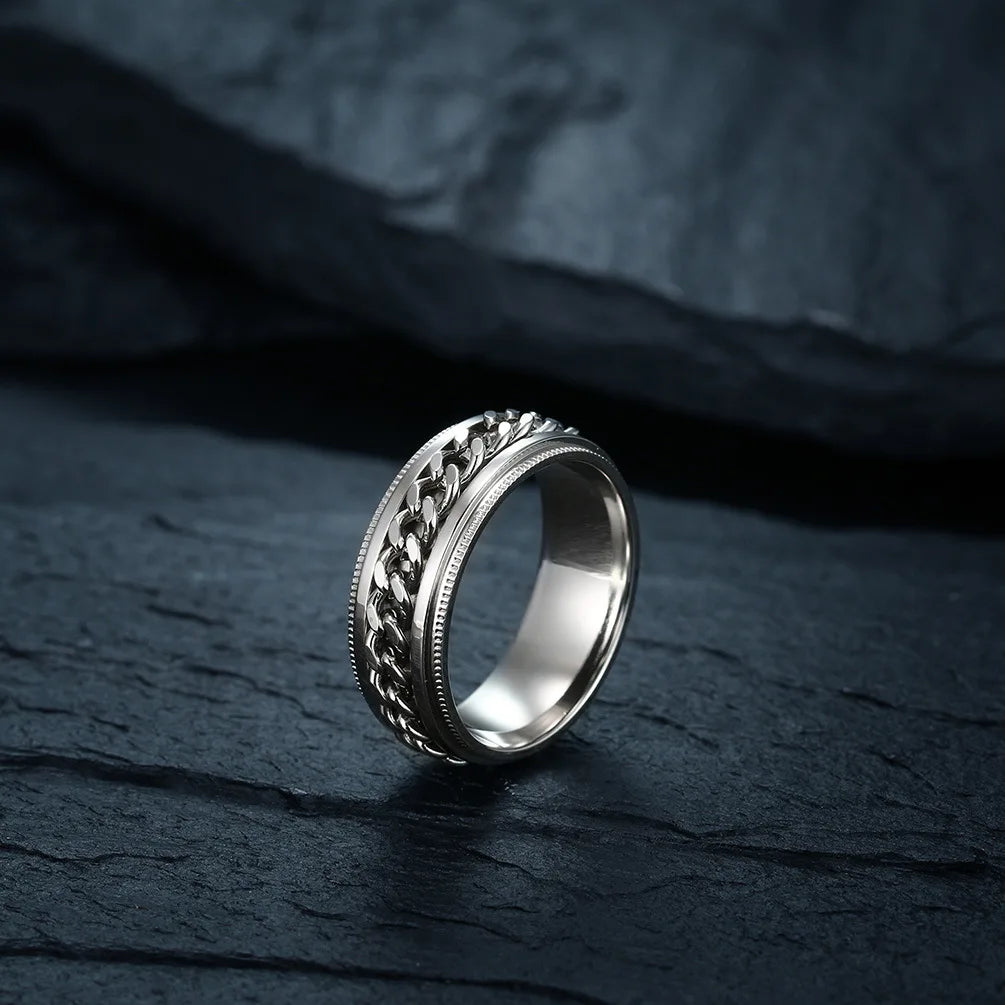 High Quality Gold & Black Plating Stainless Steel Cunban Spinner Link Chain Embossed Rotate Ring Men's Engagement Party Jewelry