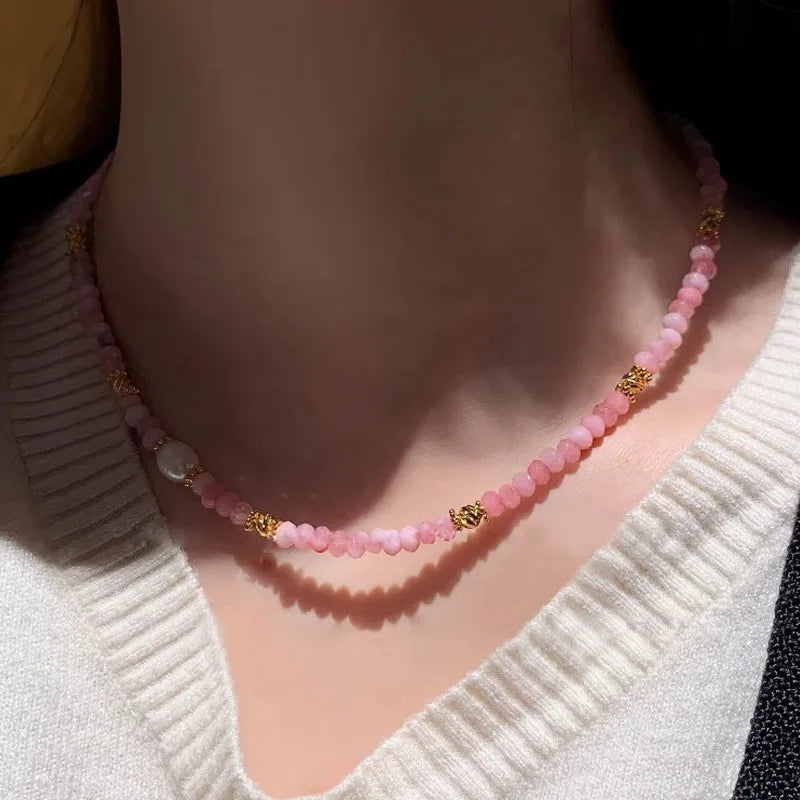 Wholesale Natural Rose Quartz Stone Beaded Necklace for Women Dainty Trendy Style Stainless Steel Adjustable with Pearl Necklace