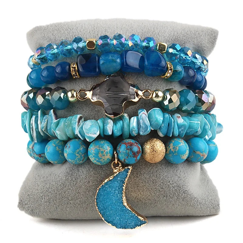 New Wholesale Bohemia Women Jewelry Natural Stone Crystal Glass Bracelet Alloy Bar Bangle Moon Drop Charm Stack Bracelet Set