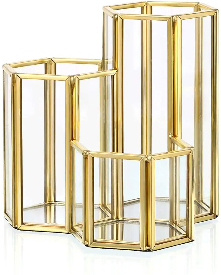 3-compartment Makeup Brush Holder Vintage Style Brass and Glass Organizer