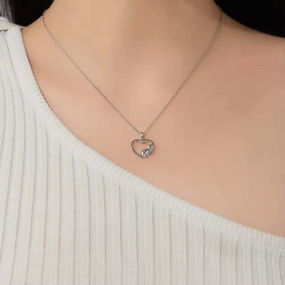 Animal Theme Jewelry 925 Sterling Silver Rhodium Plated Sloth Heart Pendant Necklace
