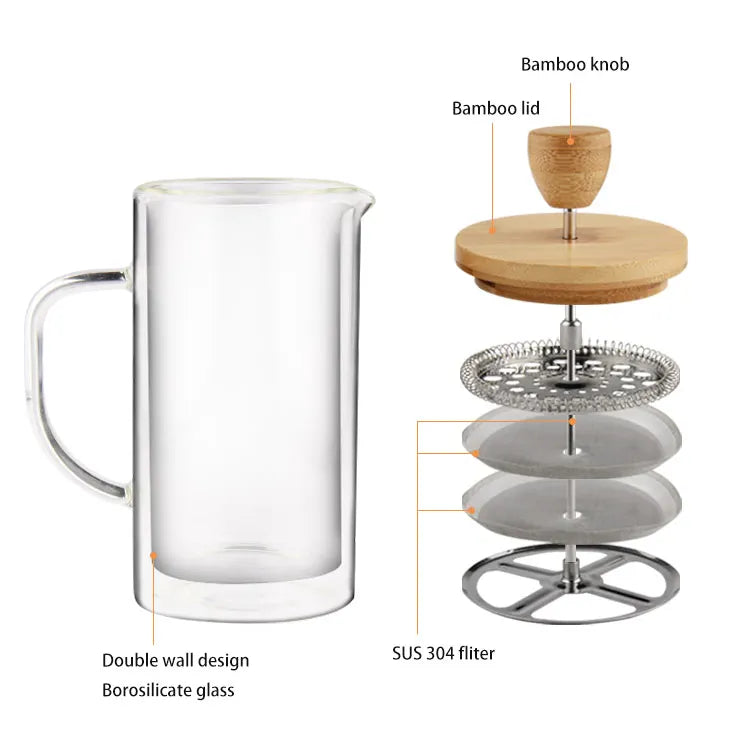 350Ml 600Ml 800Ml 1000Ml Borosilicate Glass Four Layer Filtration System Double Wall French Press Coffee Maker Coffee Tea Set