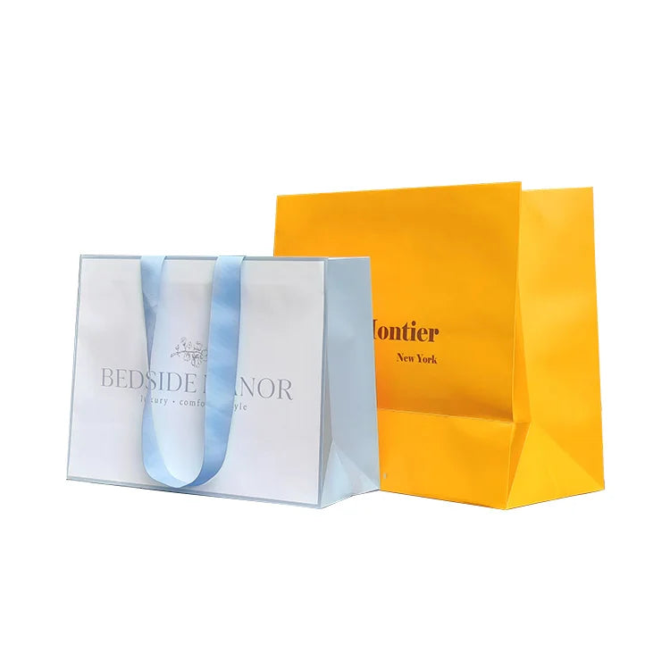 Custom Printed logo Luxury White Kraft Paper Shopping Tote Bag with Ribbon Handles Suitable for Shopping