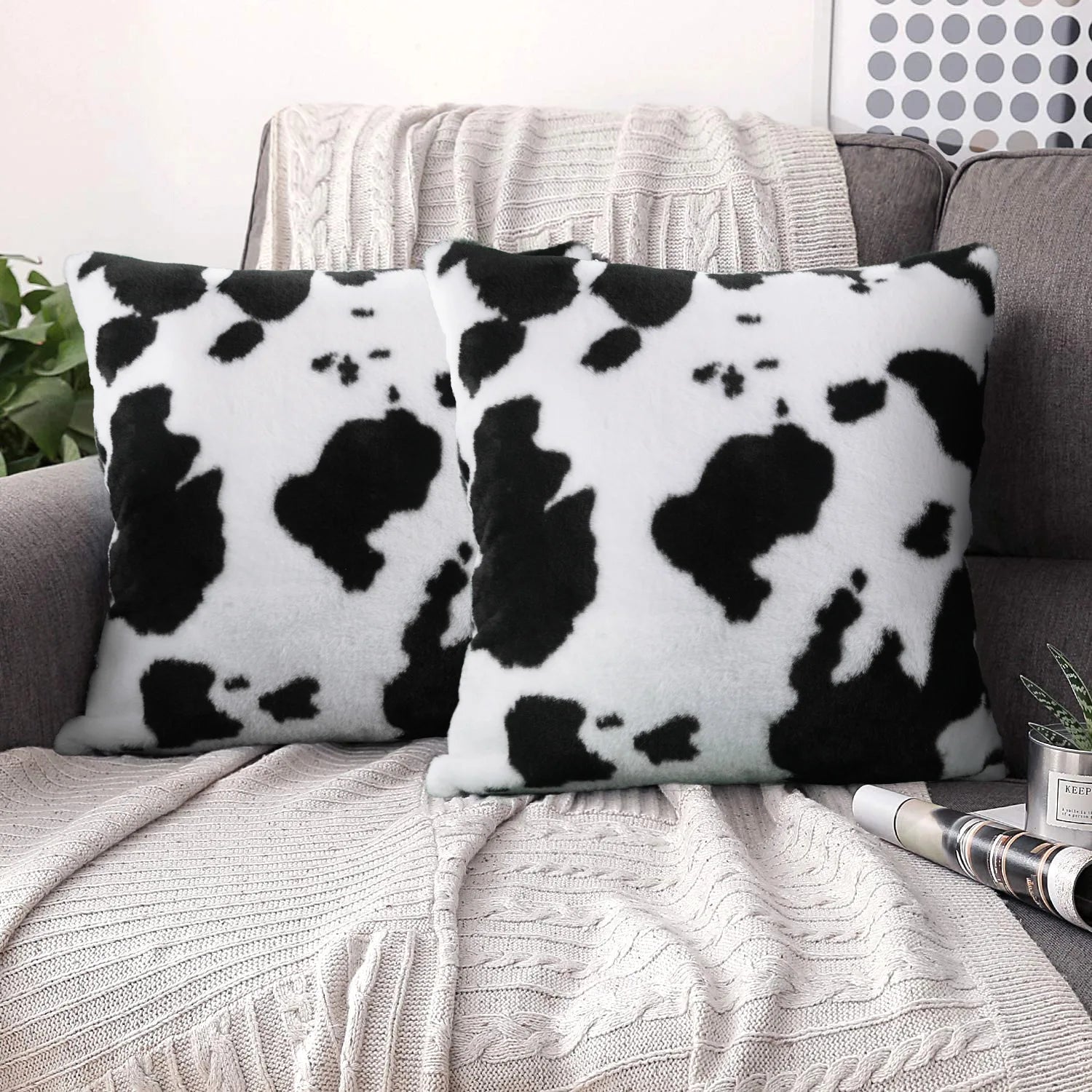 Faux Cow Print Faux Fur Double-Sided Luxury Invisible Zipper Throw Pillow Covers with Dot & Plant Patterns for Hotel Home Decor