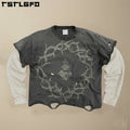 Graphic Custom Logo Tee Cotton Acid Wash Tshirt Oversized Boxy Fakes Two Pieces Raw Hem Double Layer Long Sleeve T-shirts Men