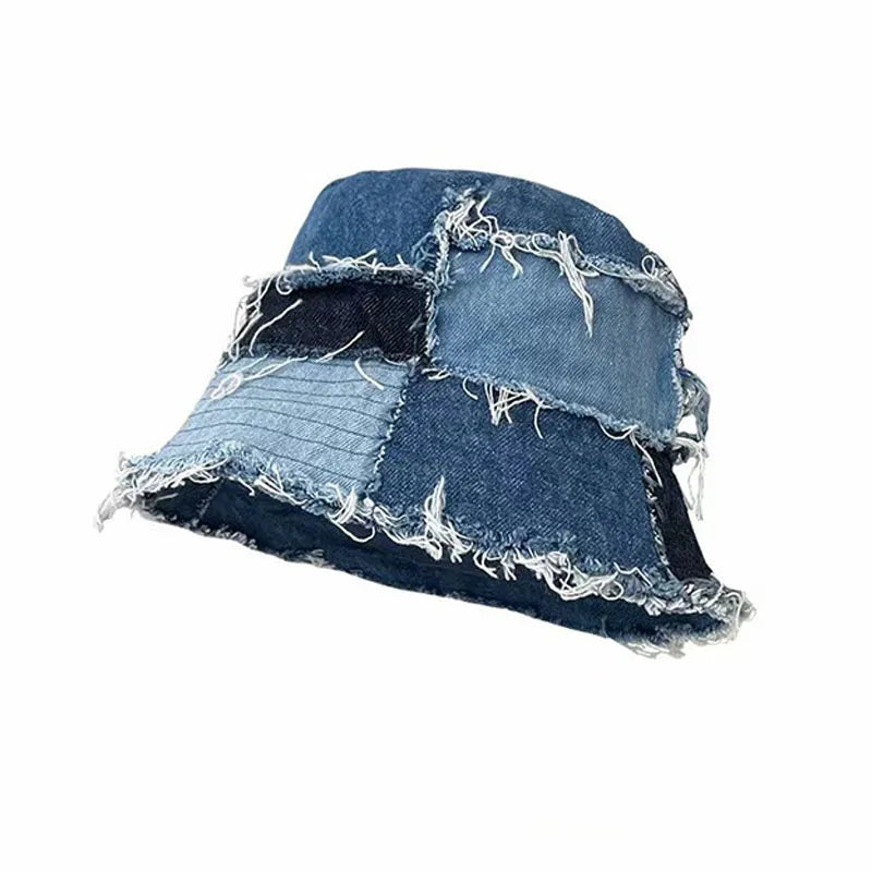 2024 Women's Distressed Denim Bucket Hat Streetwear Patchwork Destroyed Fishermen Caps for Daily Casual Fishing Party Cycling