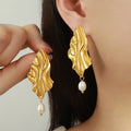 Stainless Steel 18K Gold Plated New Freshwater Pearl Earring With Leaf Pendant Chunky Diamond Shaped Earrings