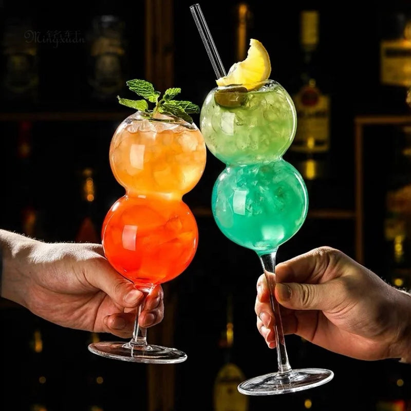 Bar Wedding Party Two Round Ball Bubble Hand Blown High Borosilicate Glass Gourd Shaped Creative Clear Goblet Cocktail Glasses