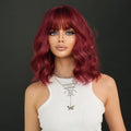 Red Wavy Wig With Bangs Women's Short Bob Curly Shoulder Length Wigs Synthetic Textured Costume Party Cosplay Burgundy Red Wig MegaBDM