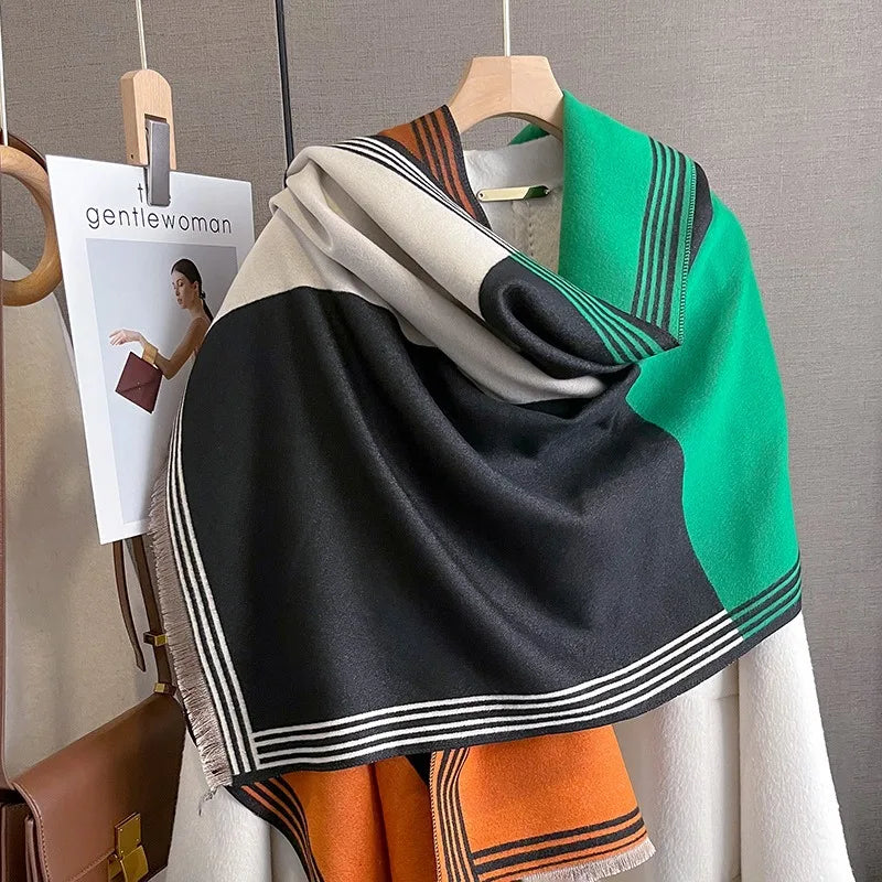 Women Warm Pashmina Shawl Hijab Scarf 2023 Design Winter Polyester Cashmere Blanket Thick Wraps Tassel Plaid Printed
