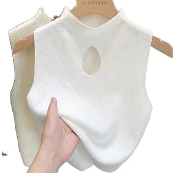RNSHANGER Fashion Half Turtleneck Hollow Out Knitted Tank Top Summer Women Casual Solid Color Sleeveless Sweater Vest