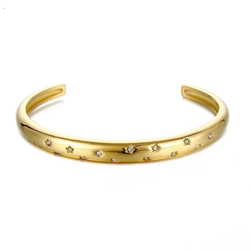 18K Gold Plated Stainless Steel C-Shaped North Star CZ Fashionable Bangles Bracelets