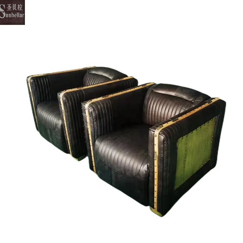 Vintage Black Genuine Leather Metal Brass Side  Armchairs Living Room Club Antique Luxury Hotel Lounge Chair Sofa Single Seat