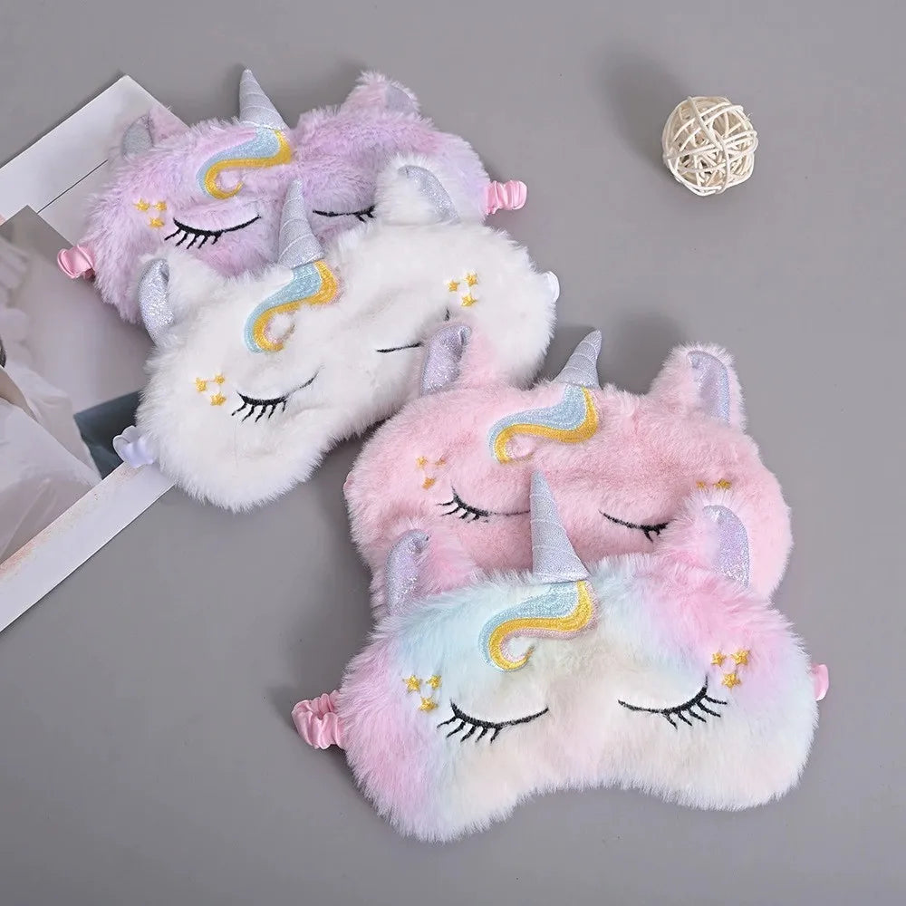RTS New Soft Cute Rainbow Animal Shape Plush Embroidery Sleep Eye Mask for Girl Kids