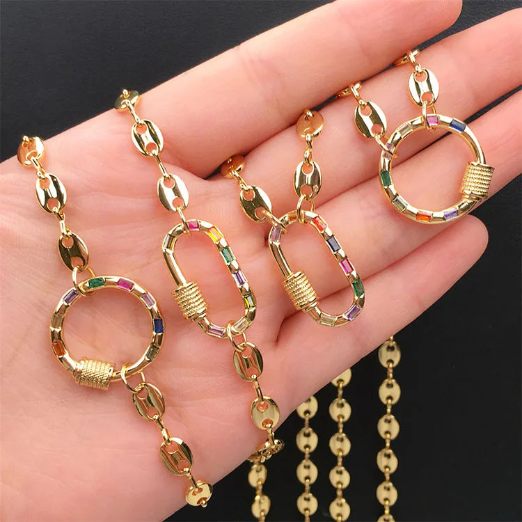 S11150 Jewellery Set18K Gold Plated Coffee Bean Chain CZ Micro Pave Rainbow Carabiner Necklace and Stud Earring Jewelry Sets