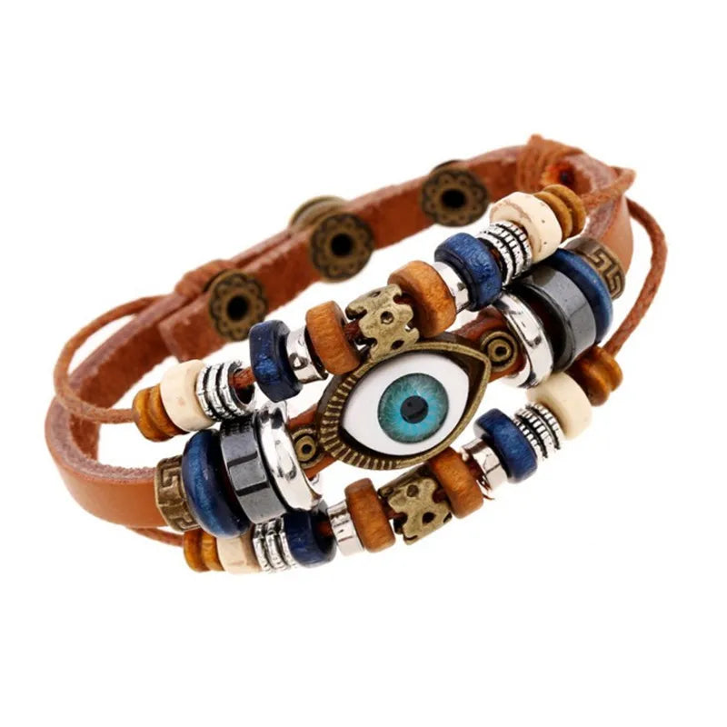 Fashion  Cow Hair Leather Bracelet with Wood Beads Charms Jewelry Snap Button Evil Eye Leather Bracelet Multilayer for Men