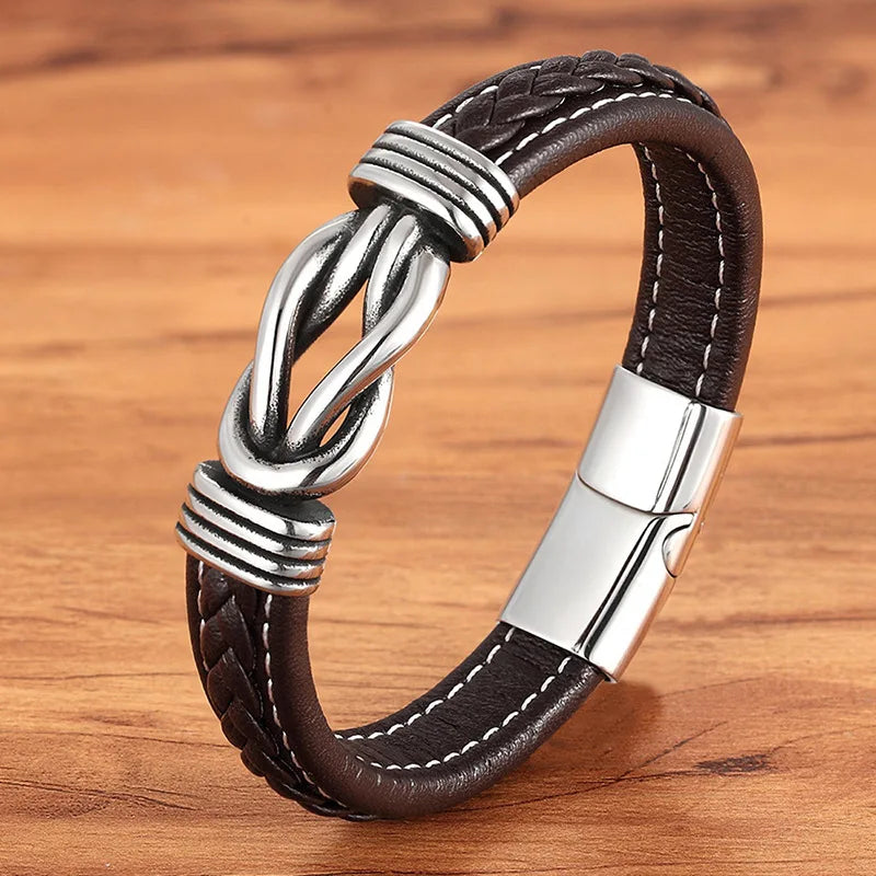 Vintage Double Layer Wrap Leather Braided Bangle Charm Stainless Steel Magnetic Clasp Hardware Genuine Leather Bangle Gift