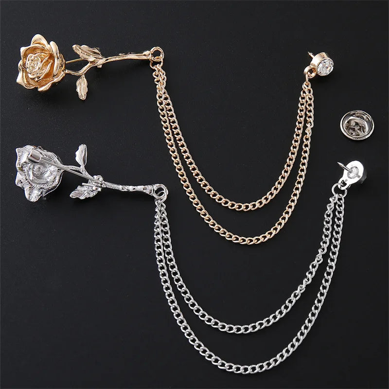 High-End Men's Business Suit Accessory Personalities Rose Shape Brooch with Chain Collar Pin Fashion Brooches