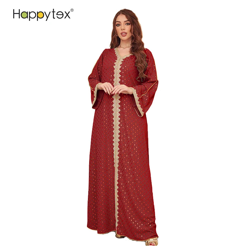 2023 Women's Elegant Dubai Long Sleeve Soft Smooth V Neck Kaftan Gown Muslim Wedding Abaya Dress Lightweight Breathable Handmade