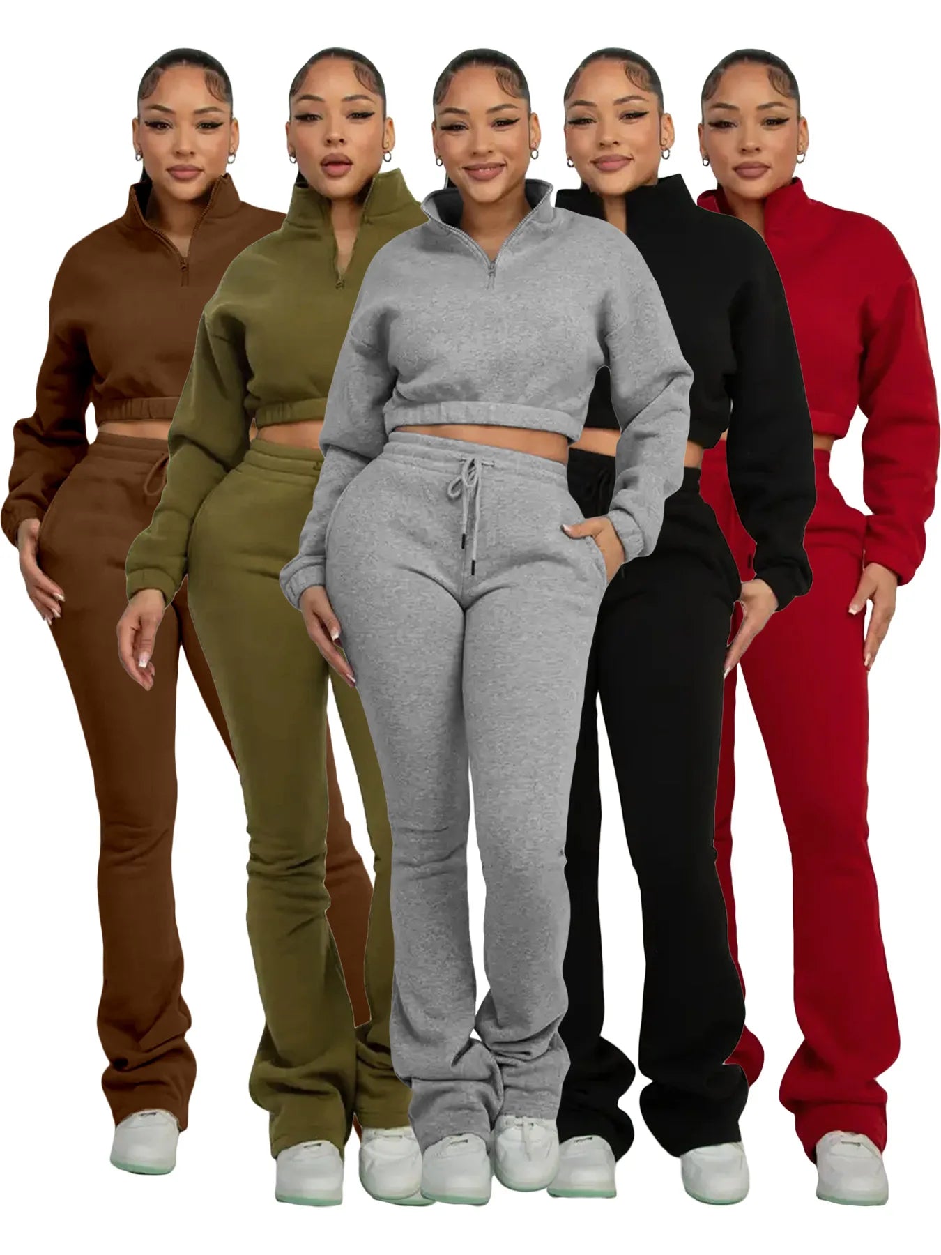 Newest Design Fashionable Women Long Sleeve Half Zipper Casual Crop Top Stacked Pants Women Two Piece Set