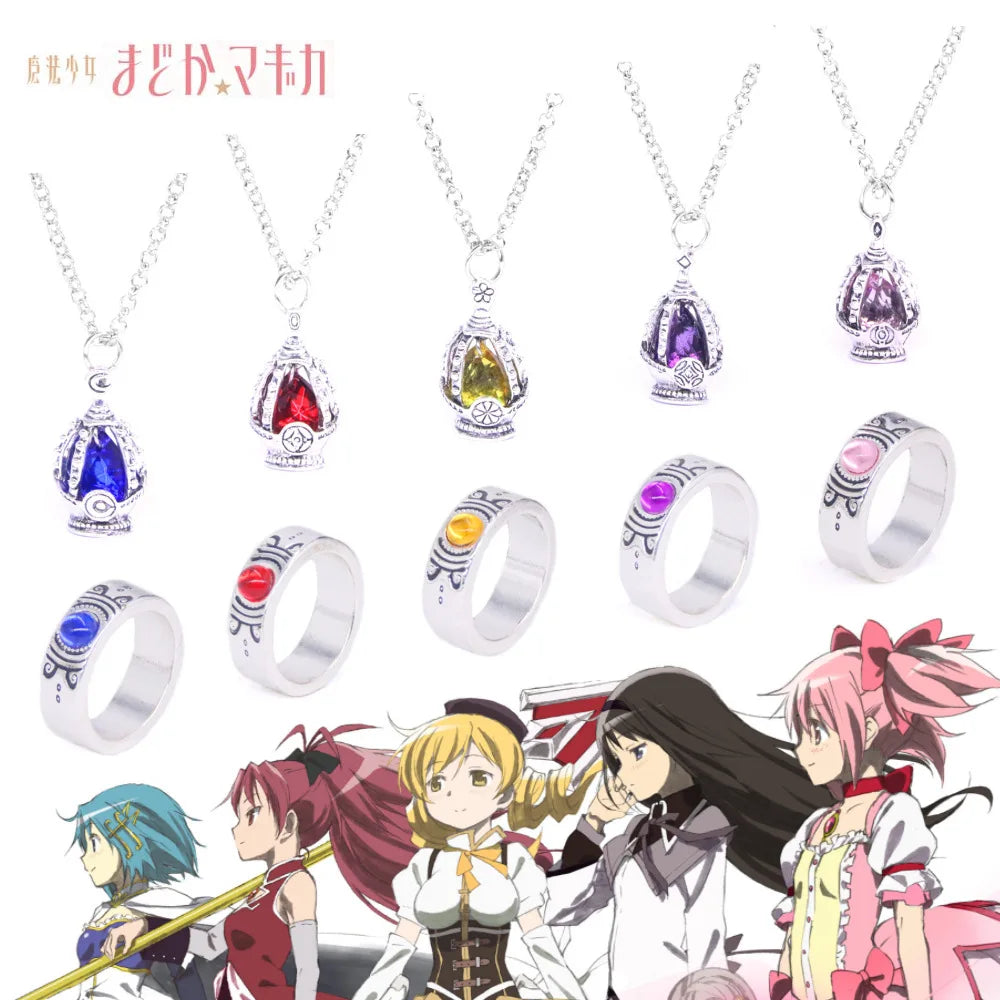 Anime Cosplay Accessories Colored Gems Necklaces Rings Sets Puella Magi Madoka Magica Necklaces
