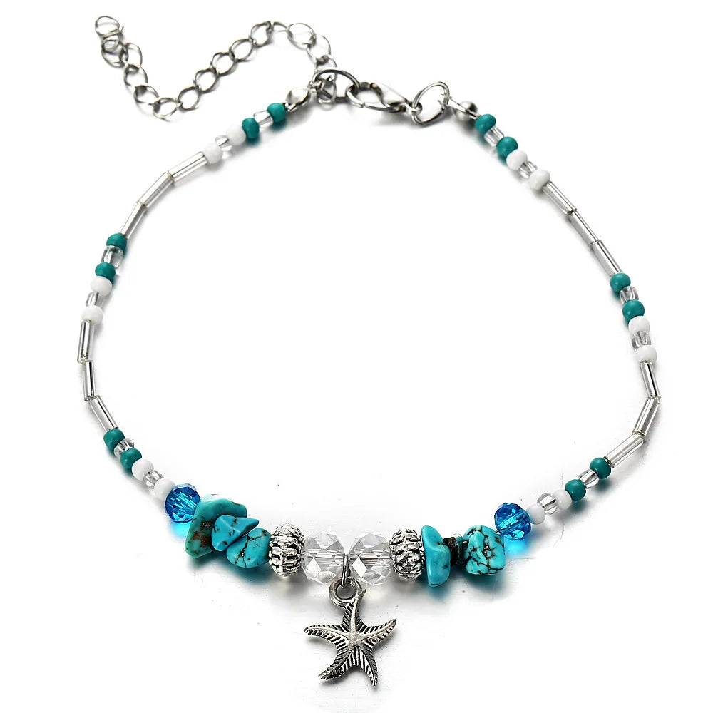 Vintage Starfish Pendant Anklets for Women Beach Stone Beads Anklet Bohemian Ankle Bracelet on Leg Summer Foot Jewelry