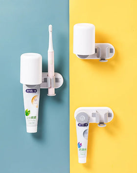 Self-Adhesive Plastic Bathroom Wall Mounted Toothbrush Clamp and Mug Holder Set